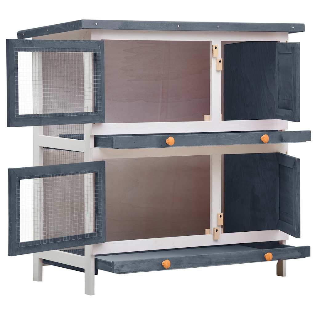 Kaninchenstall aus Holz mit 4 Türen, mehrstöckig, grau, wetterfest mit grünem Dach, Drahtgitter, 90x45x90 cm, geeignet als Kleintierkäfig, Hasenstall, Meerschweinchenkäfig