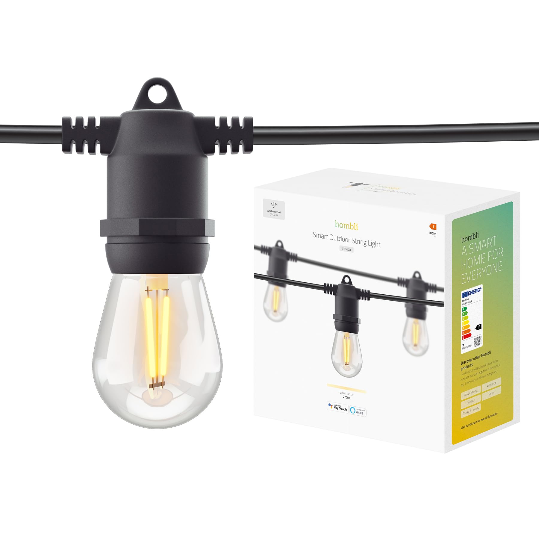 Hombli Outdoor-Lichterkette, 10 Glühbirnen, 2700K, 5 m, App-Steuerung