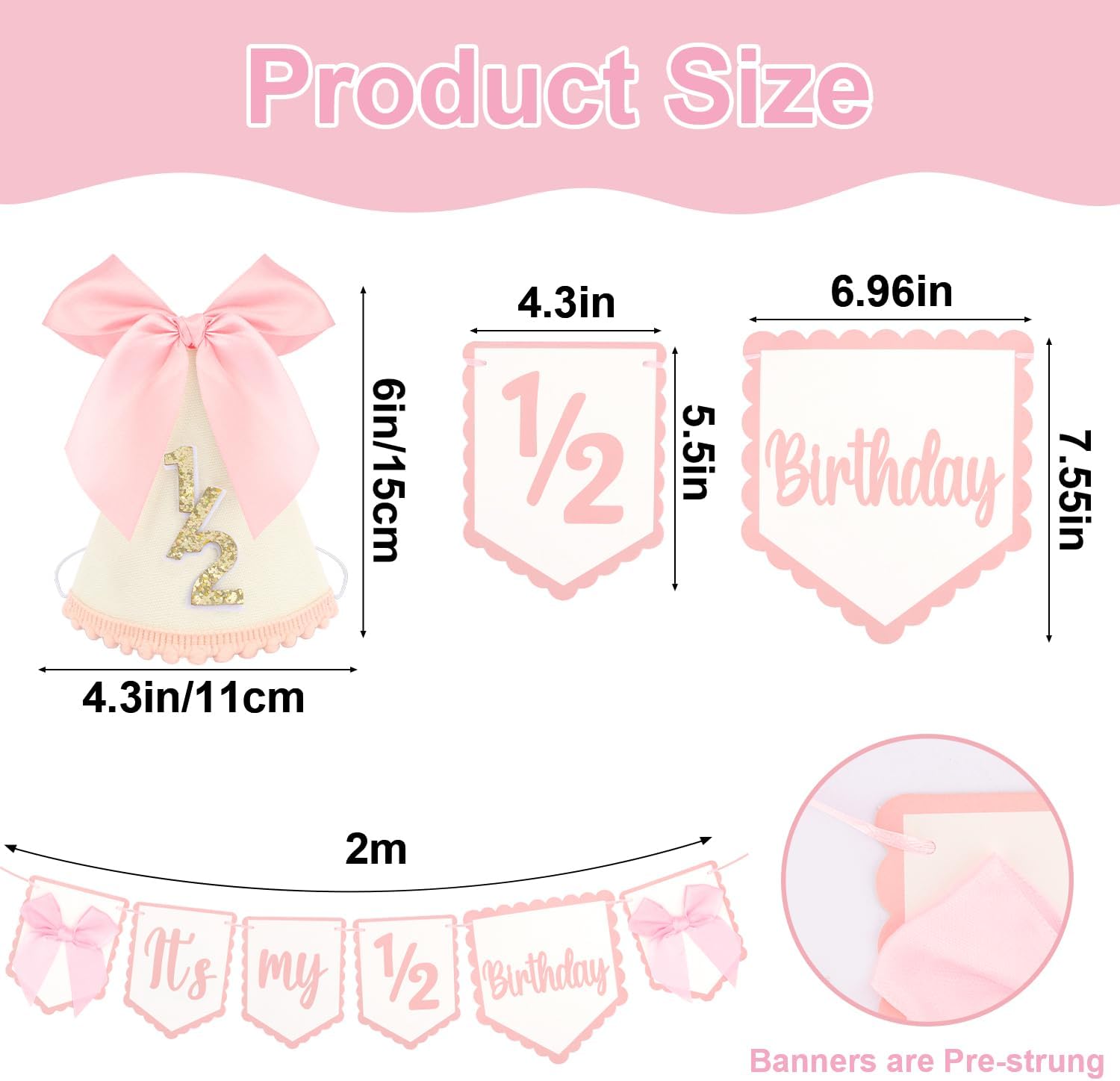 Atoden 1/2 Birthday Hat Half Way to One High Chair Banner 6 Months Cone Headwear Princess Crown Headband Pink Bow Birthday Party Decorations for Girl Outfit Cake Smash Photo Props Gifts