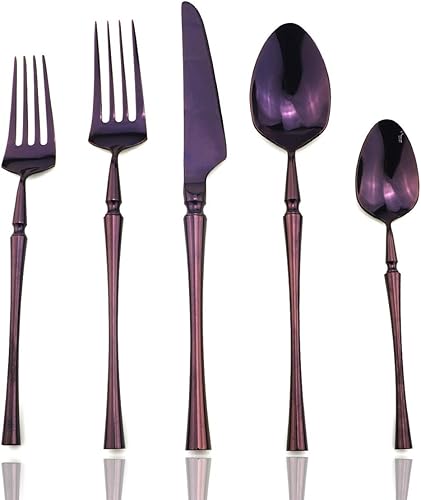 JASHII Juego de cubiertos de 20 piezas de acero inoxidable para 4 vajillas de cocina, elegante juego de cubiertos de color morado plateado, tenedor,
