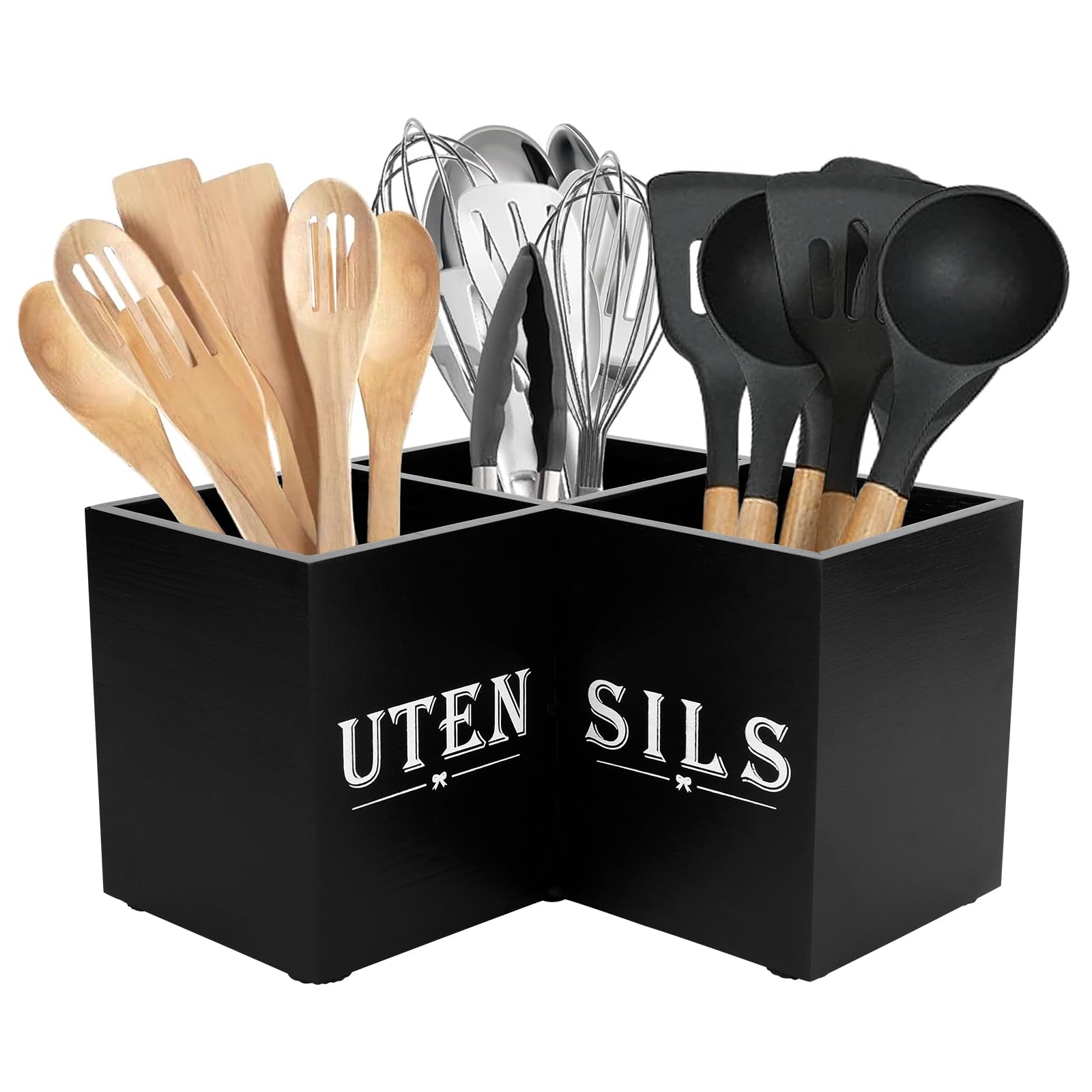 Kitchen Utensil Holder Organiser,Wooden Countertop Cooking Tool Caddy with 3 Compartments & Drainage Holes,Corner Cutlery Storage Rack for Spoons Forks Knives,Space Saving Farmhouse Worktop Stand