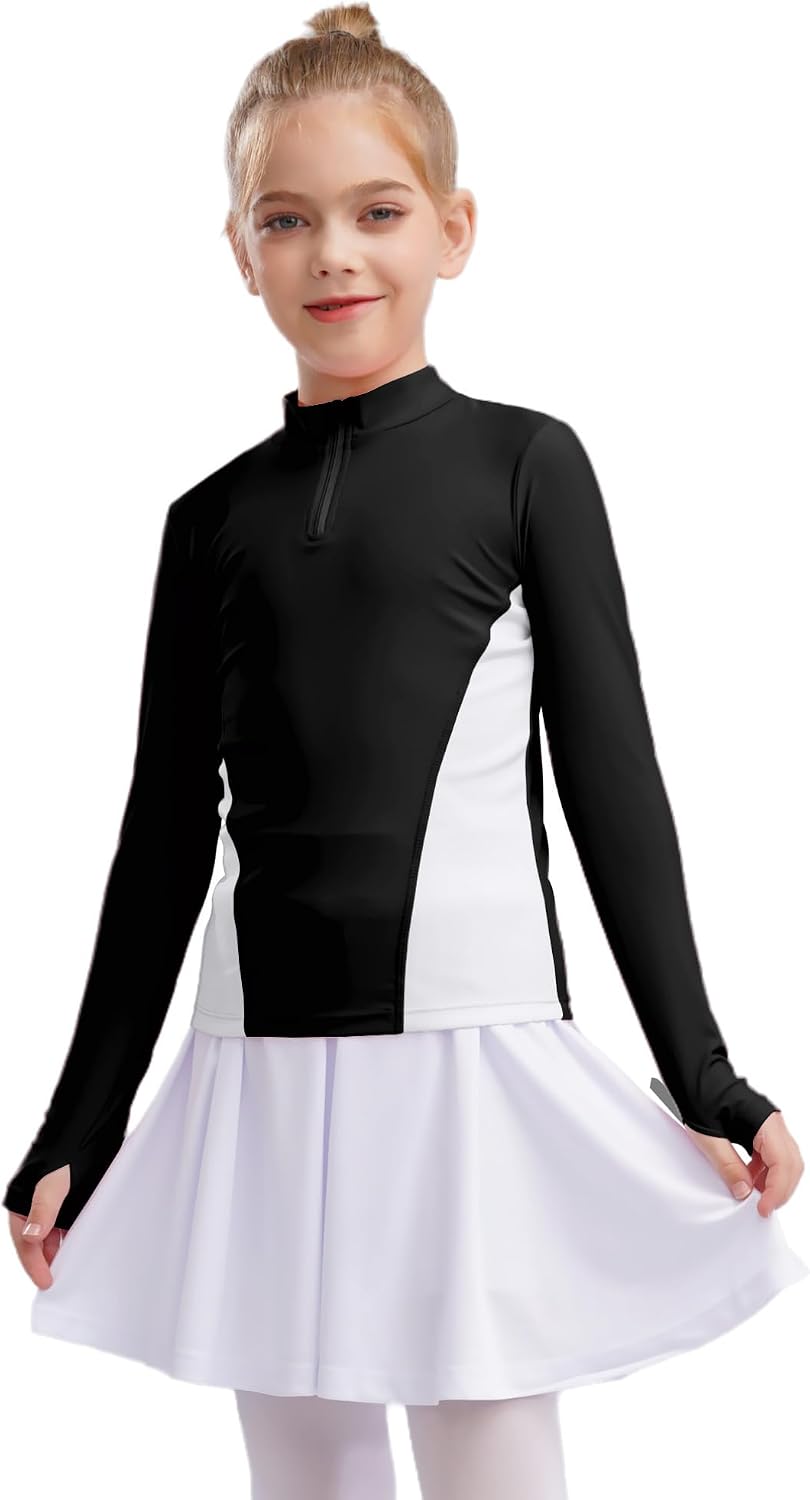 YiZYiF Girls Long Sleeve Zipper Color Block Sports Shirts Kids Quick-Dry Tennis Golf Thumbhole Pullover Tops