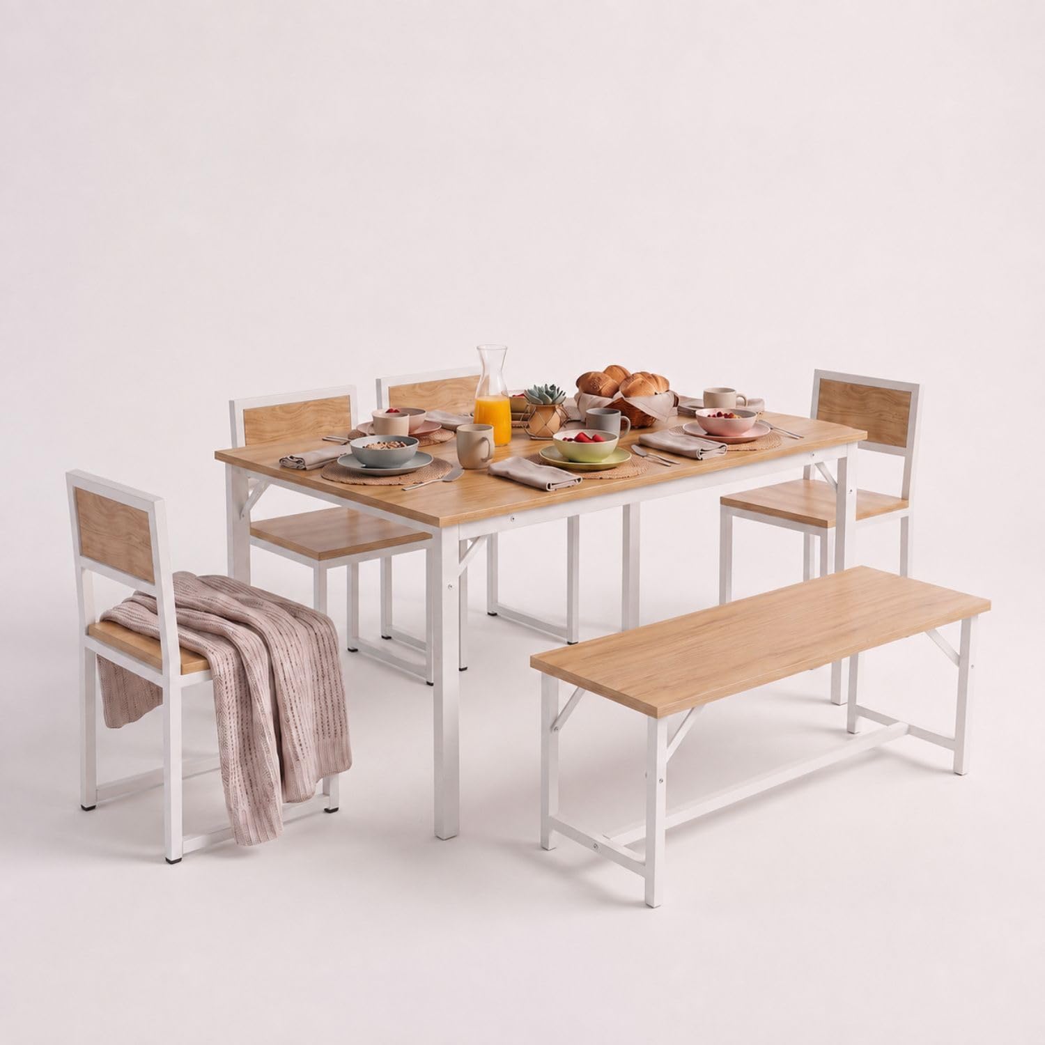 FFO 6 Seater Dining Table Set with 4 Chairs & 1 Bench, Wooden Finish Table Top with White Metal Frame, Space Saving Dining Set for Home, Kitchen, Dining Room, Café & Restaurant-image-42