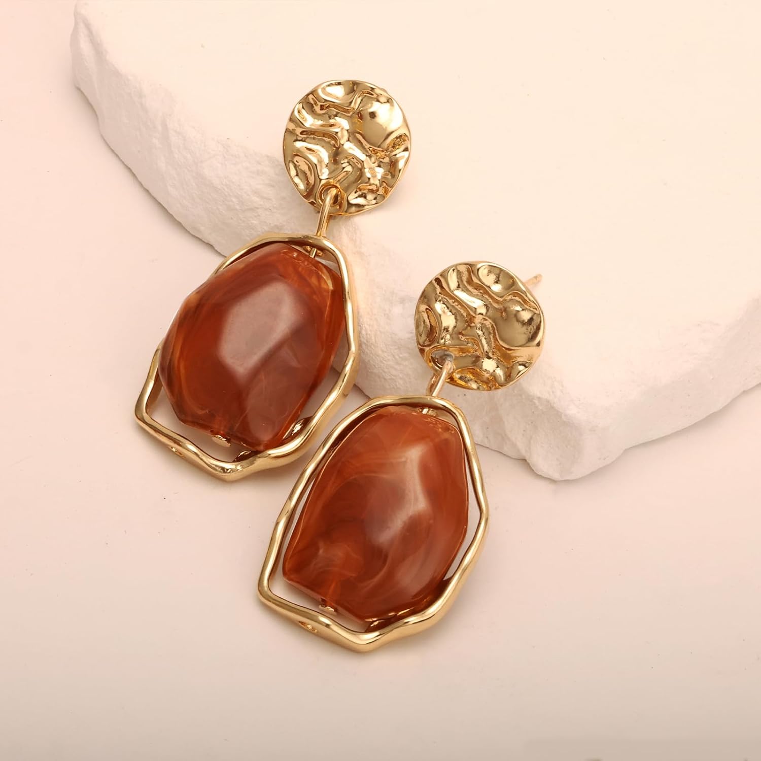 Dr's gift Brown Crystal 14K Gold Plated Statement Earrings for Women Drop Dangle Chunky 14K Gold Plated Earrings with Irregular Brown Stone Trendy Vintage Jewelry - Image 4