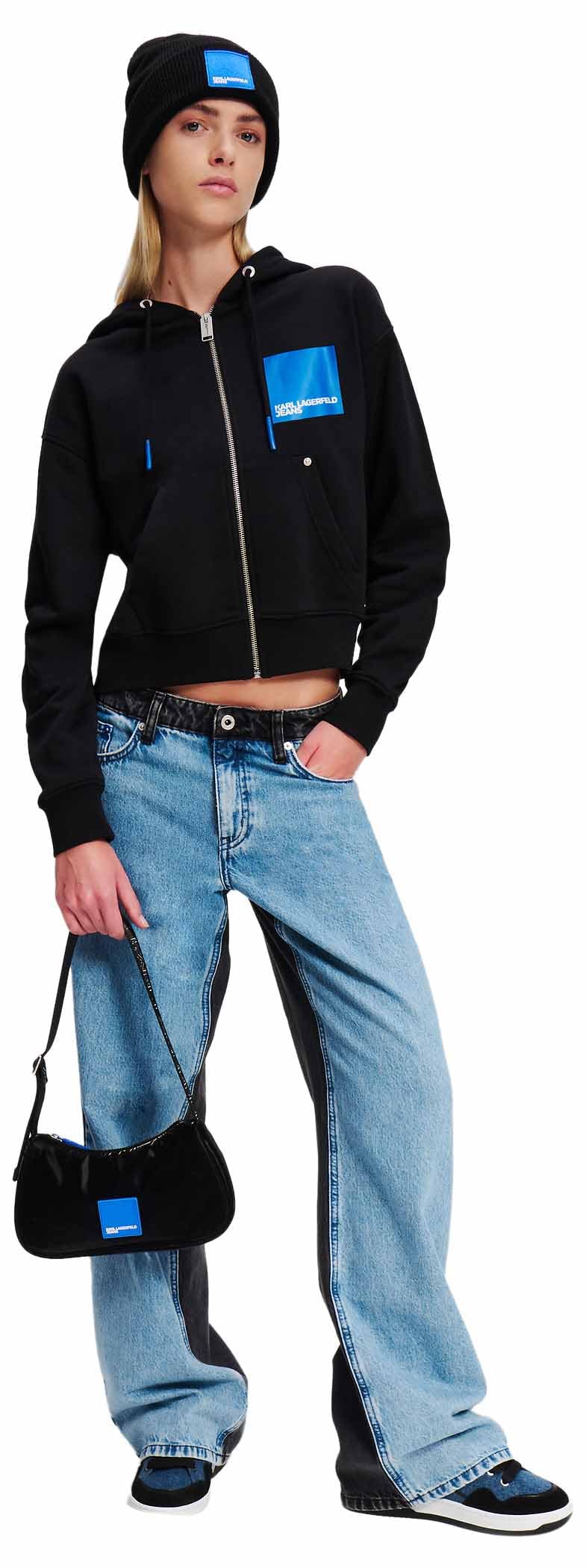 Karl Lagerfeld Jeans, Damskie, Bluza Z Kapturem Z Logo Box, Rozpinana Na Zamek, Regular Fit, Czarny, S