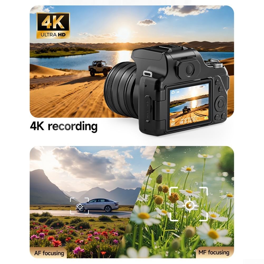 Fotocamera digitale professionale da 68 megapixel con zoom digitale 28x e capacità video 4k 60 fps, schermo LCD girevole a 180 gradi, ideale per vlogger e fotografi, nero