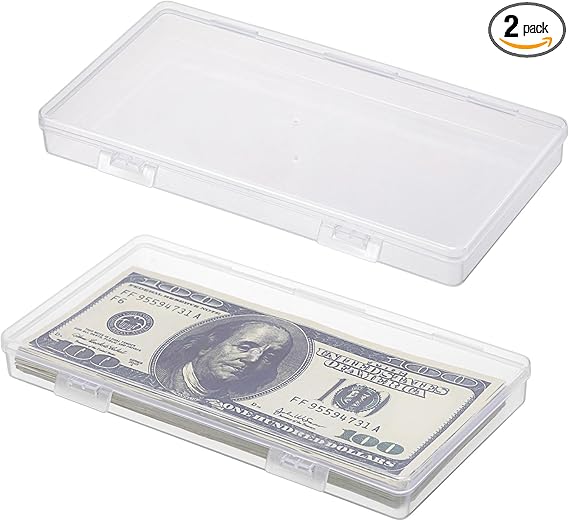 Hipiwe 2 Pack Plastic Cash Box Clear Currency Tray Rectangular Cash Storage Holder with Lid Currency Collection Box for Coin Credit Card Checks Stationery Pen