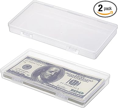 Hipiwe 2 Pack Plastic Cash Box Clear Currency Tray Rectangular Cash Storage Holder with Lid Currency Collection Box for Coin Credit Card Checks Stationery Pen