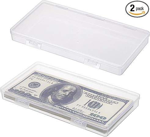 Hipiwe 2 Pack Plastic Cash Box Clear Currency Tray Rectangular Cash Storage Holder with Lid Currency Collection Box for Coin Credit Card Checks Stationery Pen