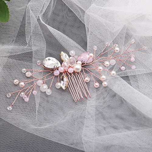 Teyglen Dainty Pink Crystal Rhinestones Bride Wedding Hair Comb Bridal Rose Gold Pearl Beads Side Hair Combs Simple Headpieces Hair Accessories For Women Bride Girls #TOP3