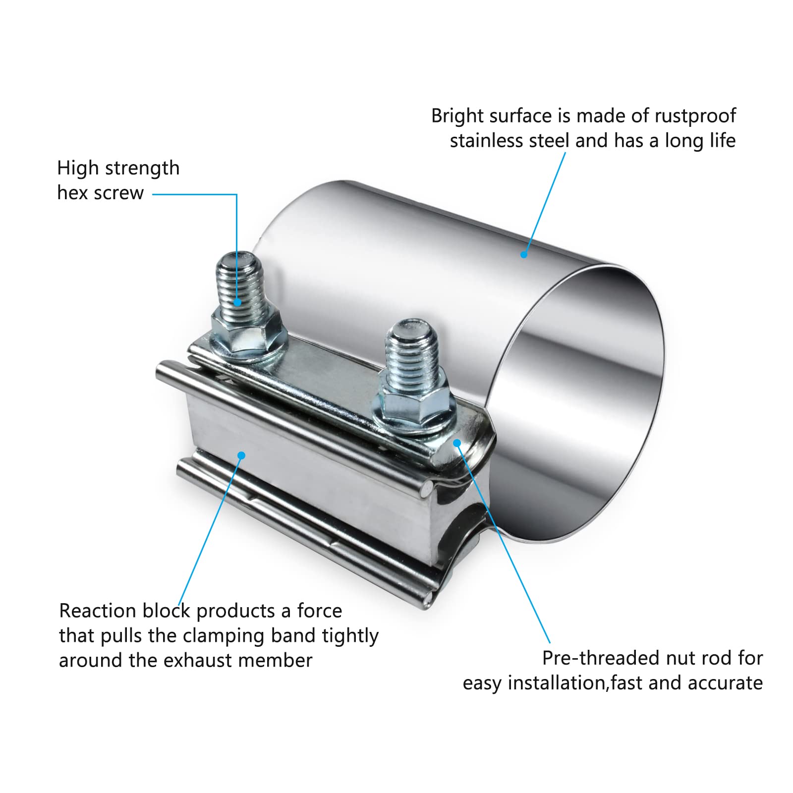 3.0 Inch Exhaust Clamp,Butt Joint Band Clamp Sleeve Coupler 3 Exhaust Y Pipe - Foto 3