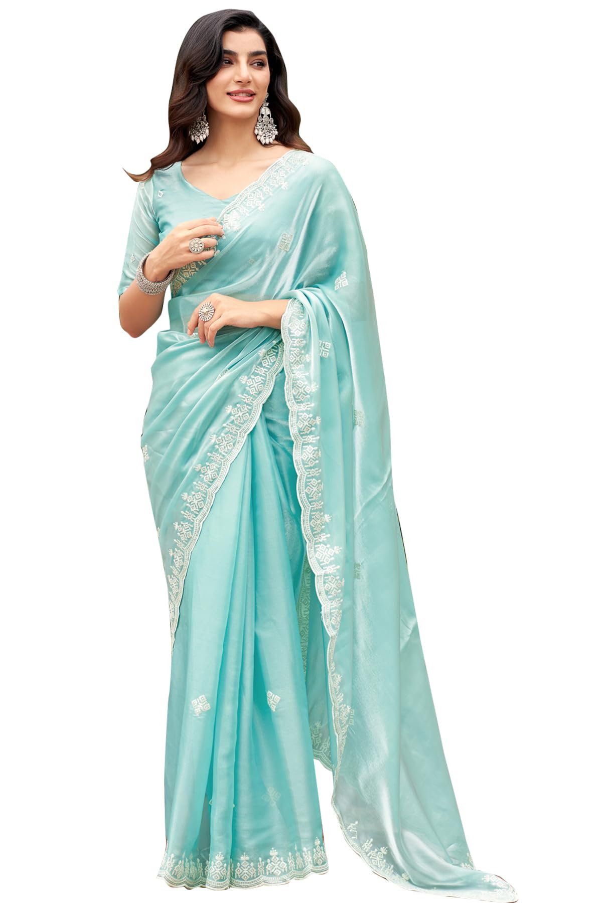 Shimmer Chiffon Saree for Women with Embroidered Border & Designer Pallu | Includes Unstitched Blouse Piece | Festive, Wedding & Traditional Saree Collection-image-35