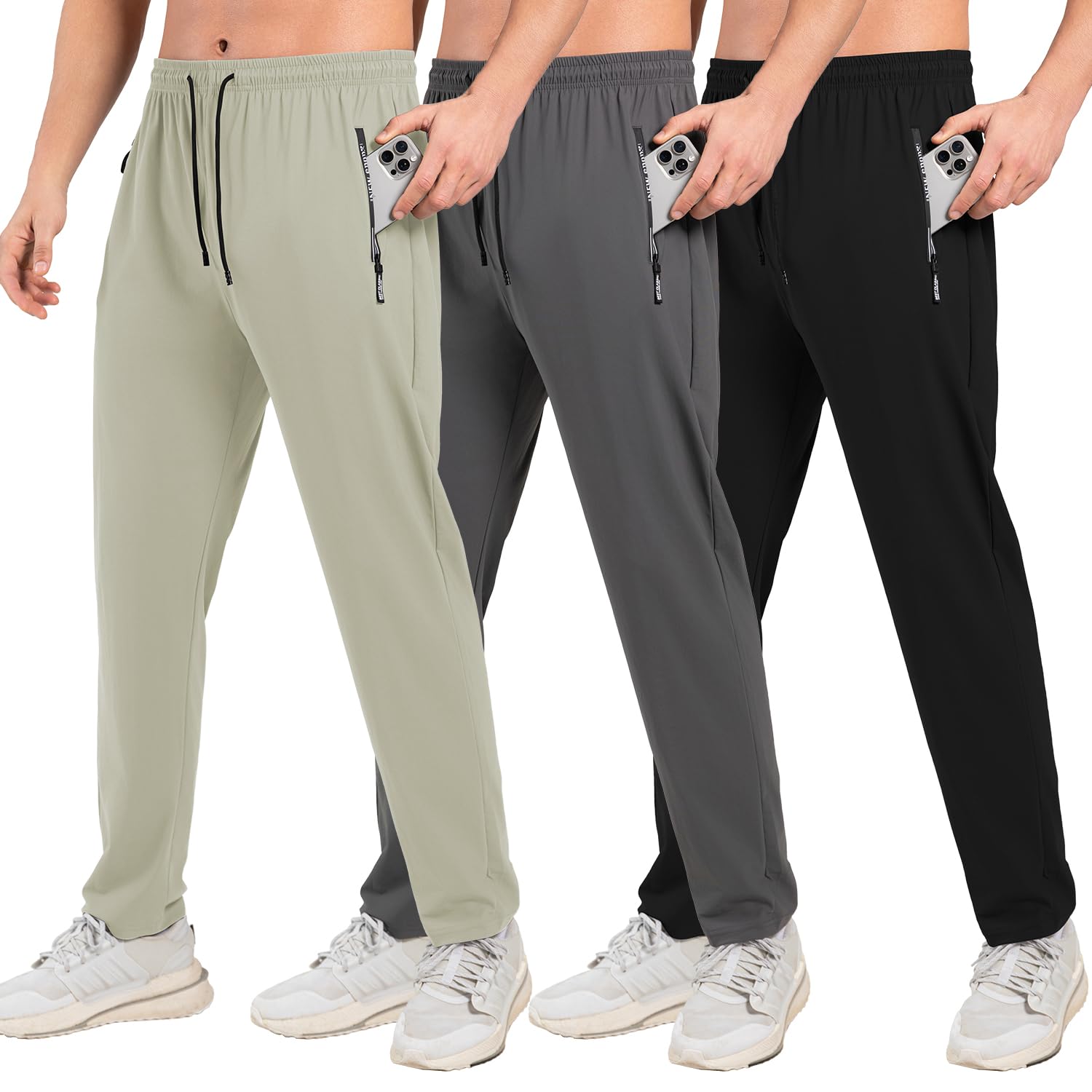 3-Pack Mens Sweatpants with Zipper Pockets, Joggers for Men Lightweight Athletic Workout Running Hiking Track Gym