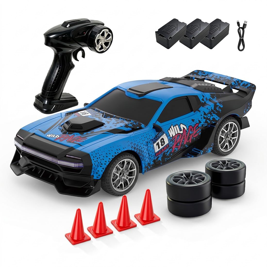 RC Drift Auto 1:24 Ferngesteuertes 4WD Modellauto, 2,4GHz Sportwage Rennwagen Mit Driftreifen, Racing Car Wheels Und LED Beleuchtung Für Erwachsene Enthusiasten -Blau/3 Batterie