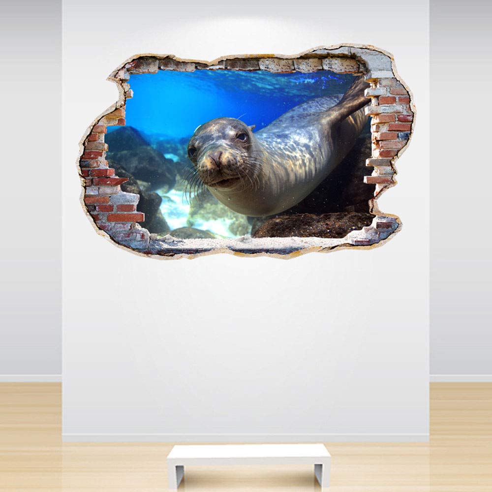 60 Second Makeover Limited Full Colour Seal Sea Lion Smashed Wall 3D Effect Under the Ocean Sea Bedroom Wall Sticker Decal Kids Bedroom Decoration