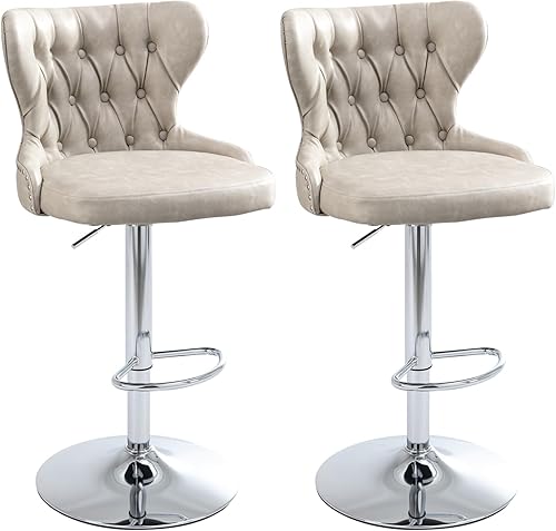 Juego de 2 taburetes de bar, modernos taburetes giratorios de altura de mostrador con respaldo, ribete de cabezas de clavos y reposapiés plateado,