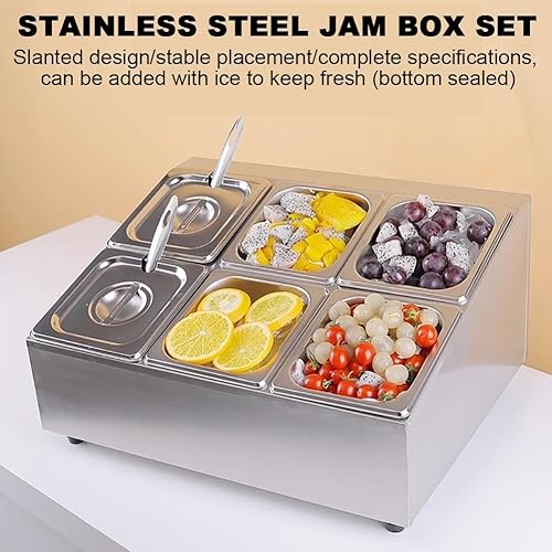 Miniatura 6 de Contenedor de exhibición de alimentos para encimera de 12 x 1.6 L, dispensador de condimentos de acero inoxidable con tapa y cuchara, bandeja de