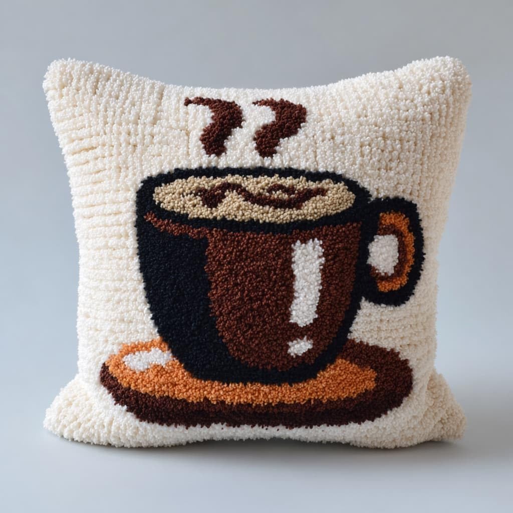 Taxpy Latch Hook Kits, Cartoon Teacup Pillow Cover DIY Crochet Hook Cushion Rug Making Kits with Printed Pattern Canvas Needlework Hooking Adorment 43x43cm