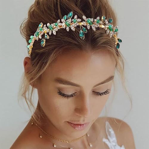 JEAIRTS Diadema de diamantes de imitación verde esmeralda, accesorios para el cabello para mujer