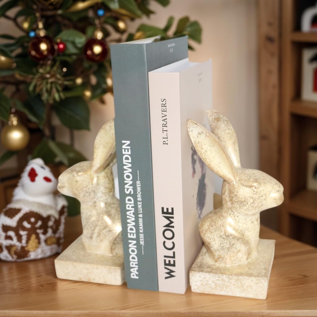 Rabbit Decor Bookends,1 Pair Cute Bunny Book Ends, Decorative Bookends for Heavy Books, Vintage Shelf Decor,Antique Gold
