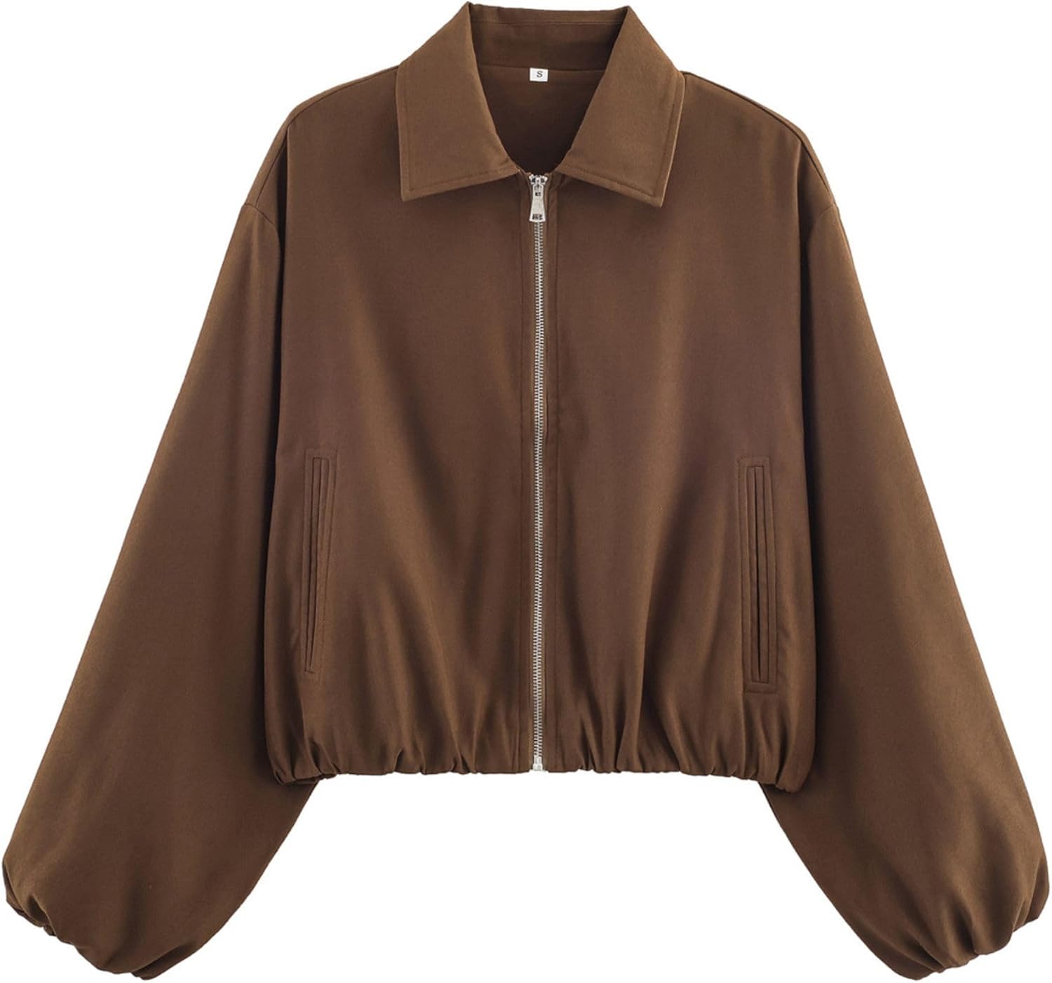 Xunger Women’s Cropped Bomber Jacket Puffed Sleeves Zip Up Trendy Casual Streetwear Outerwear with Pockets