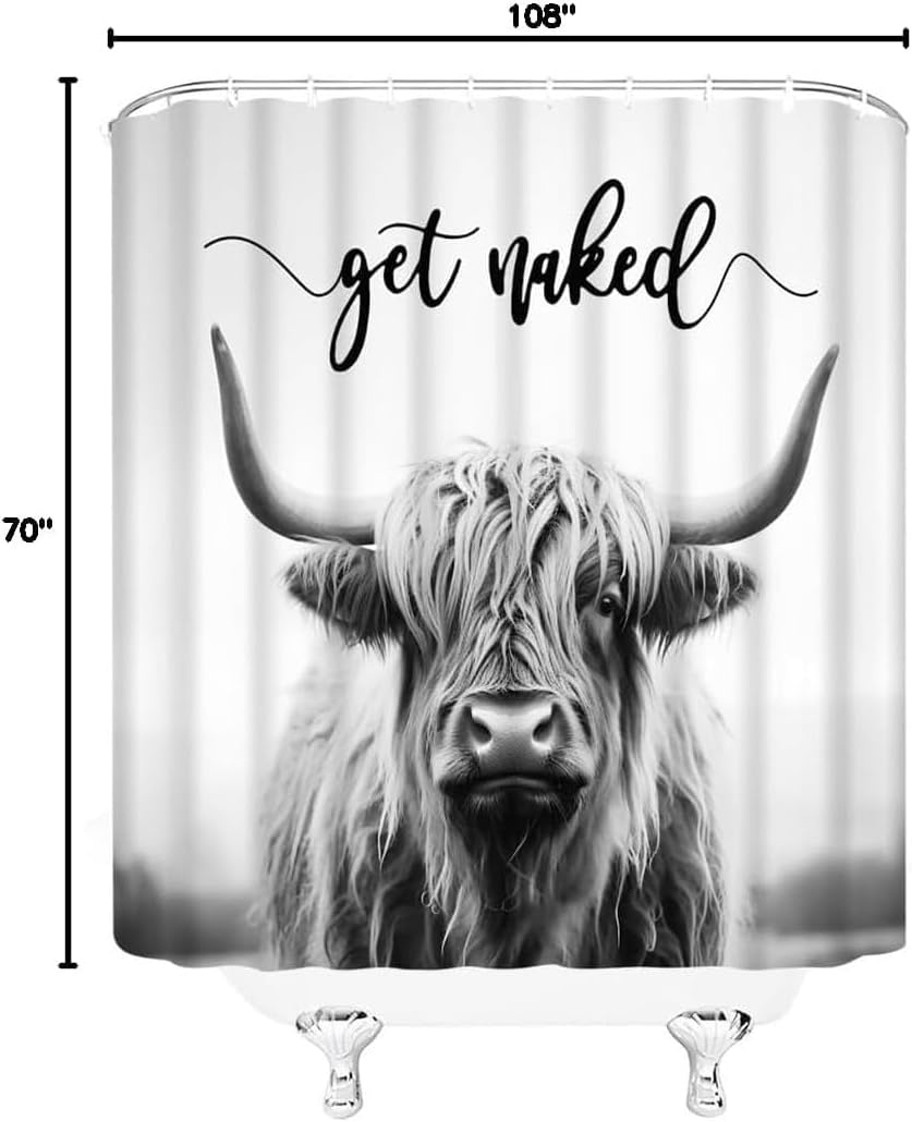 Highland Cow Shower Curtain Grey Rustic Cattle Bull Western Wild Animal Get Naked Country Farmhouse Funny Cabin Bathroom Decor Fabric Curtains with Hooks