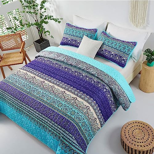 Colcha estampado rayas azules y moradas microfibra California King 4