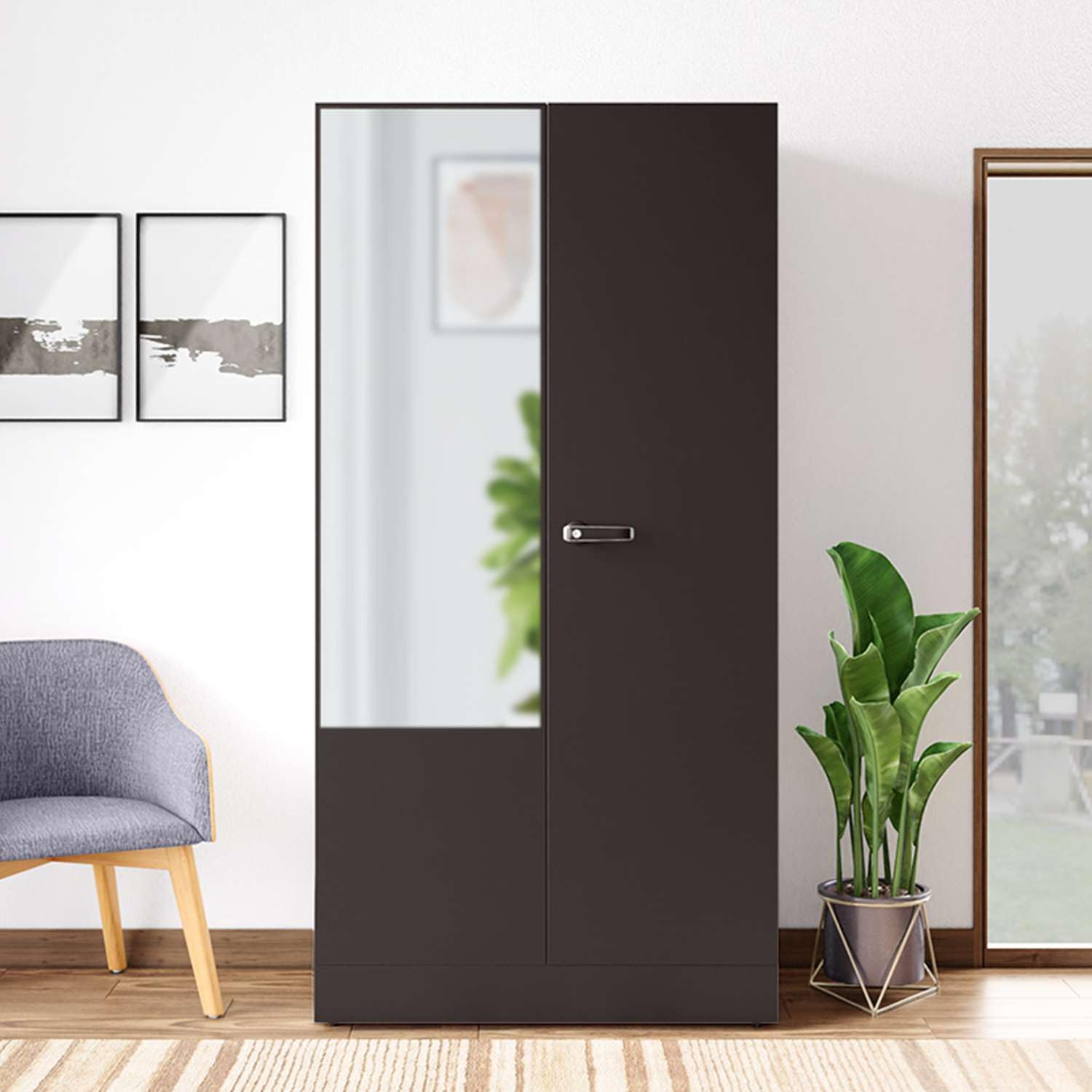 Interio by Godrej Almirah Auraline Men Basic 2-Door Steel Almirah, Cupboard for Clothes (Textured Coffee Brown), 1-Year Warranty, 3 Shelves, 1 Drawer and Mirror-image-34