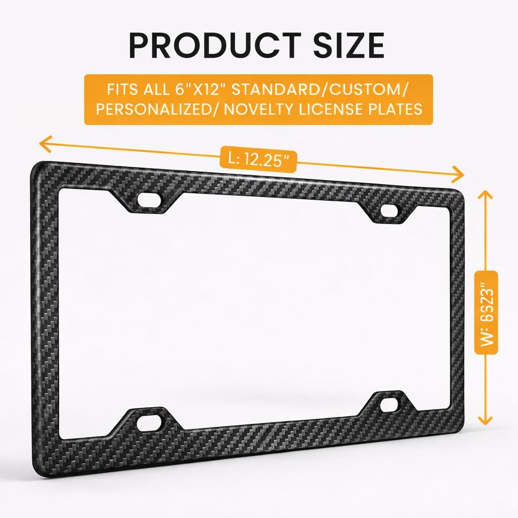 100% Real 3k Twill Weave Carbon Fiber Car License Plate Frame, 4 Holes, UV Protection, Front Rear Universal Man Woman Fit USA Canada Mexico Standard Size tag Holder (Black Matte)
