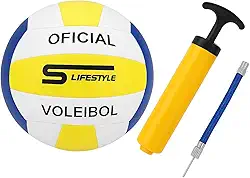 Kit Bola de Vôlei Tamanho Oficial Nº 5 + Bomba de Ar Portátil – Design Resistente para Quadra e Praia, Couro Sintético, 24 cm de Diâmetro, Diversão & Treino Garantidos