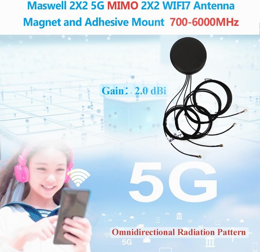Maswell Antenna Combinata 4-in-1: 2X 5G + 2X WiFi 6, Tecnologia 2x2 MIMO 700-4900MHz per Bluetooth/WiMax/Zigbee, 2 Connettori SMA/RP-SMA, Montaggio Magnetico e Adesivo (Antenna Non Alto Guadagno)