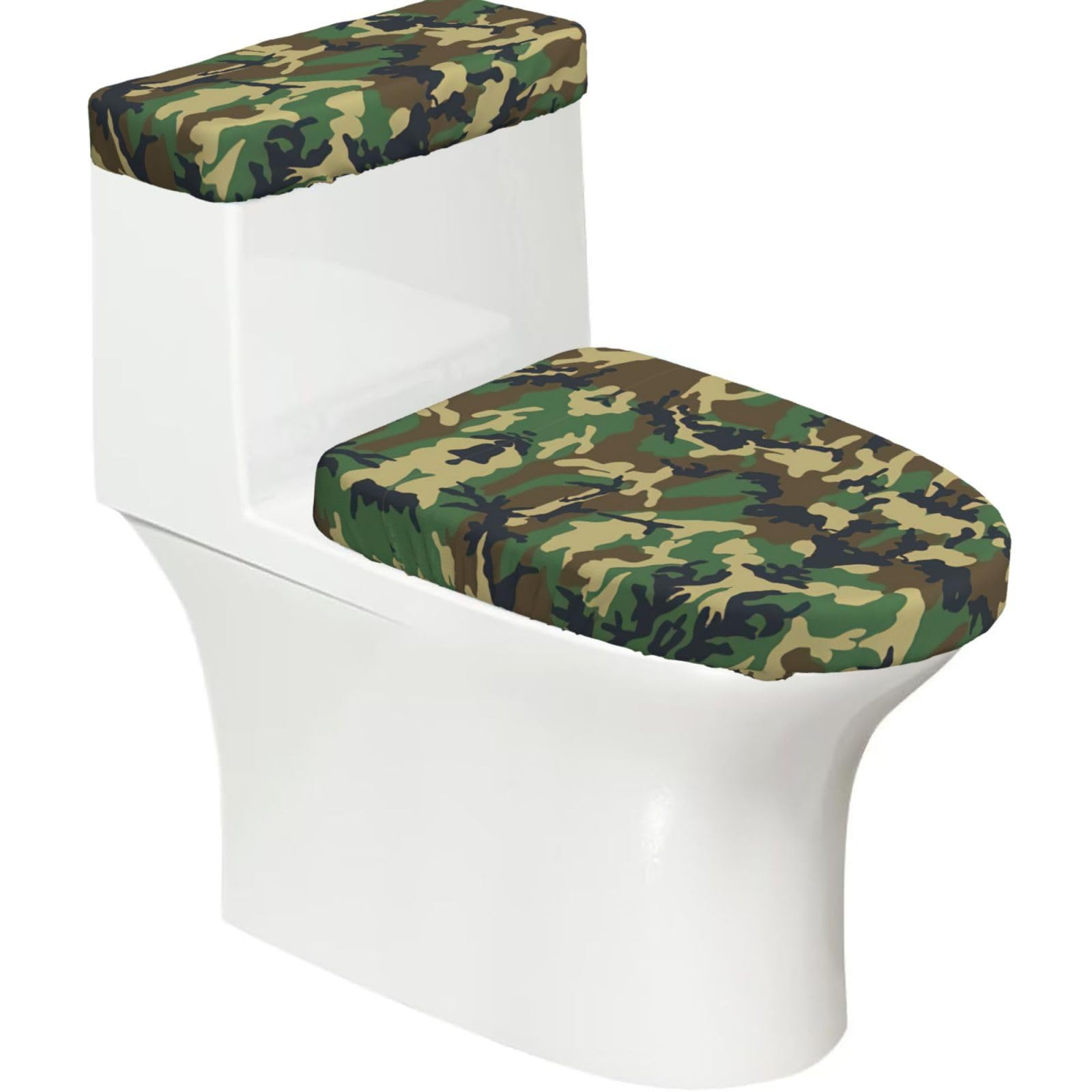 Green Military Camo Printed Toilet Tank and Lid Cover Set of 2 for Most Bathrooms, Fits Elongated Round Toilets