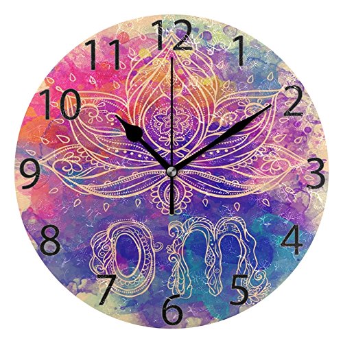 ALAZA Boho Ethnic Yoga Lotus Round Wall Clock, Silent Non Ticking Oil Painting Home Office School Decorative Clock Art