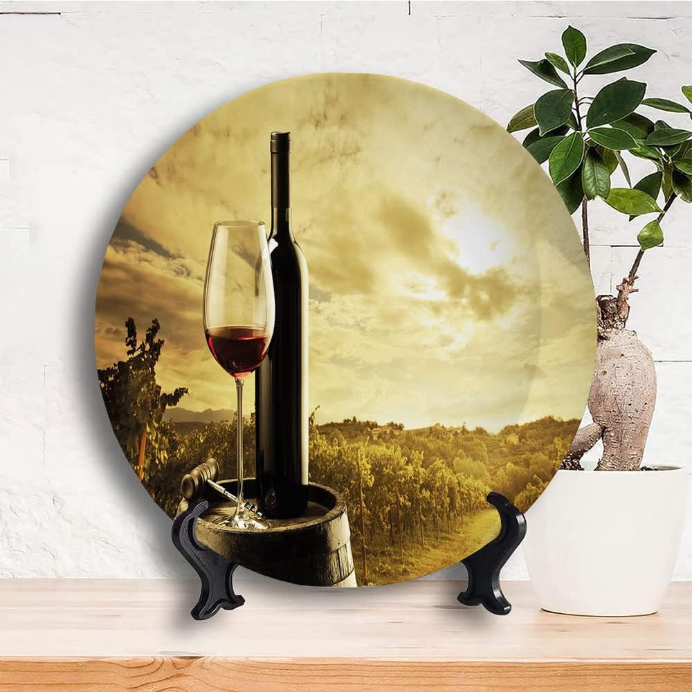 Decorative Plates, Wine Print Ornament, Red Wine Bottle and Glass on Wooden Barrel, 8 Inch, 1 Plate with 1 Display Stand, Light Coffee Green Black