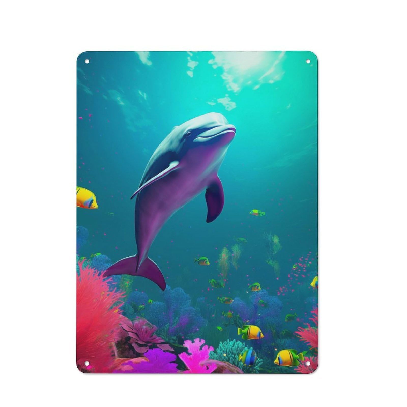 Junmoney Dolphin Coral Dive Tin Wall Sign With Design 40X30cm, Classic Diner Style Decor For Bakery, Diner, Cafe Or Family Room