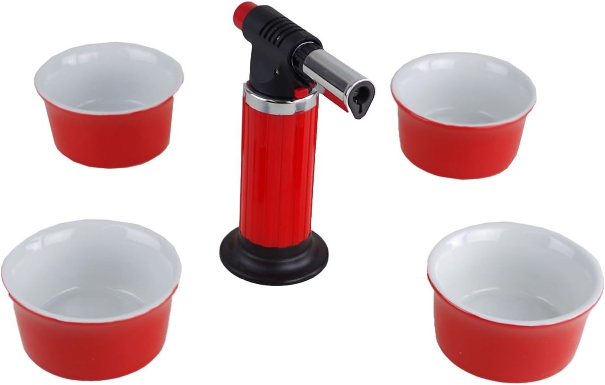 Refillable Butane Gas Creme Brulee Burner with 4 Porcelain Ramekins