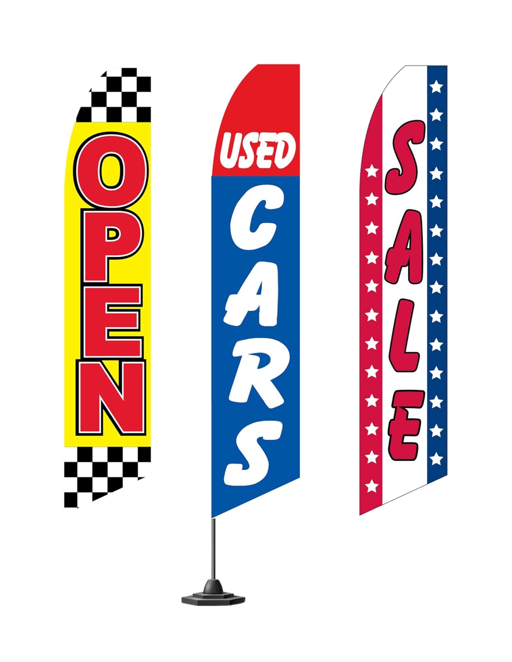 Three Swooper Flag Combo Open Used Quality Cars Sale Red Yellow Black Blue White