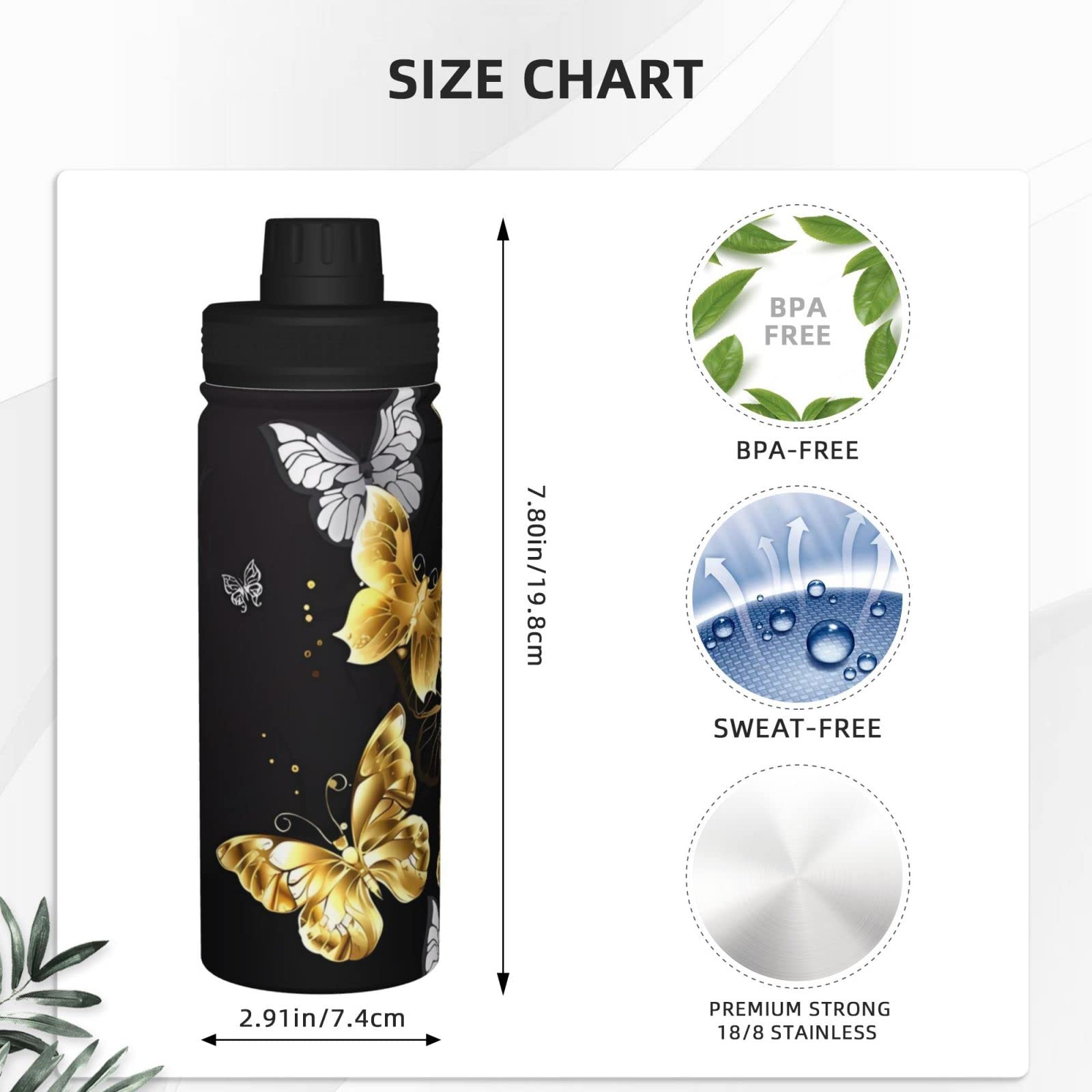 Sport-Trinkflasche, isoliert, Edelstahl, auslaufsicher, für Reisen, Fitnessstudio, Büro, goldfarben / Weiß