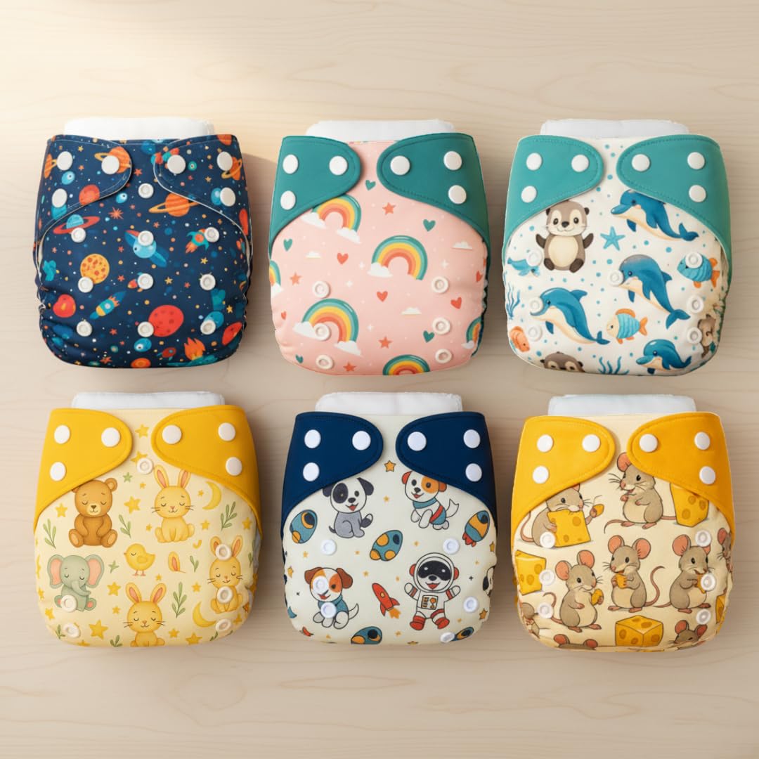 Blushbaby Premium Reusable Cloth Diaper for Babies (3 Months - 3 Years) | 6 Washable Diaper with 6 Insert Pad | Adjustable, Leak-Proof, rash free & Absorbent | Freesize Diaper (5-18kg)