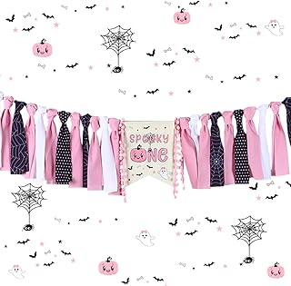 Halloween 1st Birthday High Chair Banner for Girls Pink and Black The Spooky One Birthday High Chair Banner Halloween Theme First Birthday Party Highchair Pumpkin Garland Halloween Party Decorations Supplies