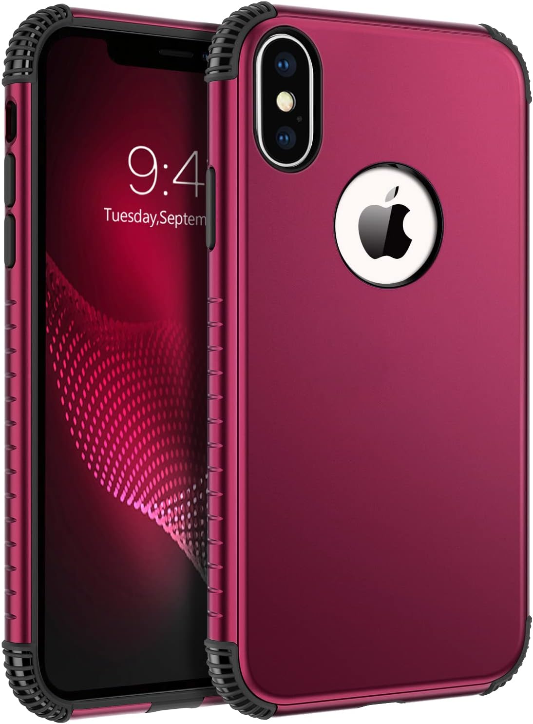 BENTOBEN iPhone X Case, iPhone Xs Case, 2 in 1 Slim Full Body Rugged Shockproof Hybrid Hard PC Bumper Drop Protective Girls Women Boy Men Covers for iPhone X/XS 5.8 inch, Wine Red/Black