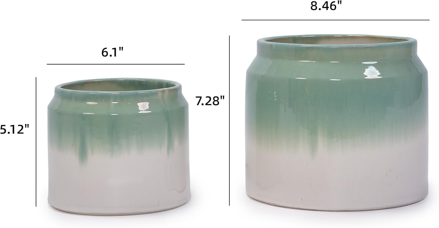 Ceramic Planters Set of 2, 8/6 Inch Indoor & Outdoor Plant Pots-No Drainage Holes, Handmade Drip Glaze Modern Boho Decorative Flower Pots for Indoor & Outdoor Aquatic Plants, White+Green