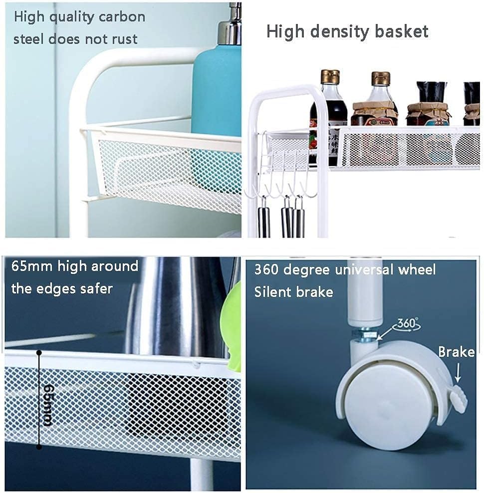 Miniatura 4 de POCHY Carrito de servicio de 3 niveles de acero al carbono, carrito de almacenamiento móvil con ruedas, mesa auxiliar moderna, carrito de bebidas