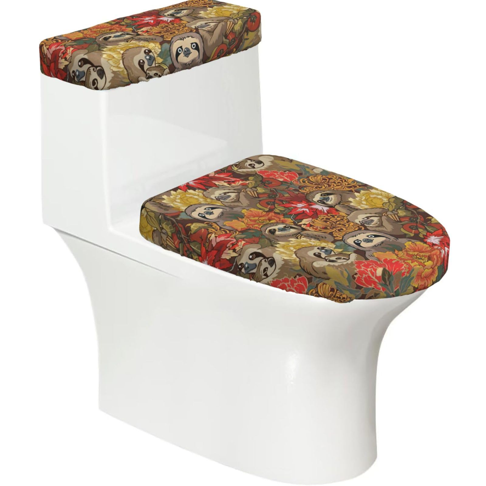 Funny Sloths Print Stretch Toilet Covers Set, Polyester Covers Replacement For Fits Most Size Lids Bathroom Decor
