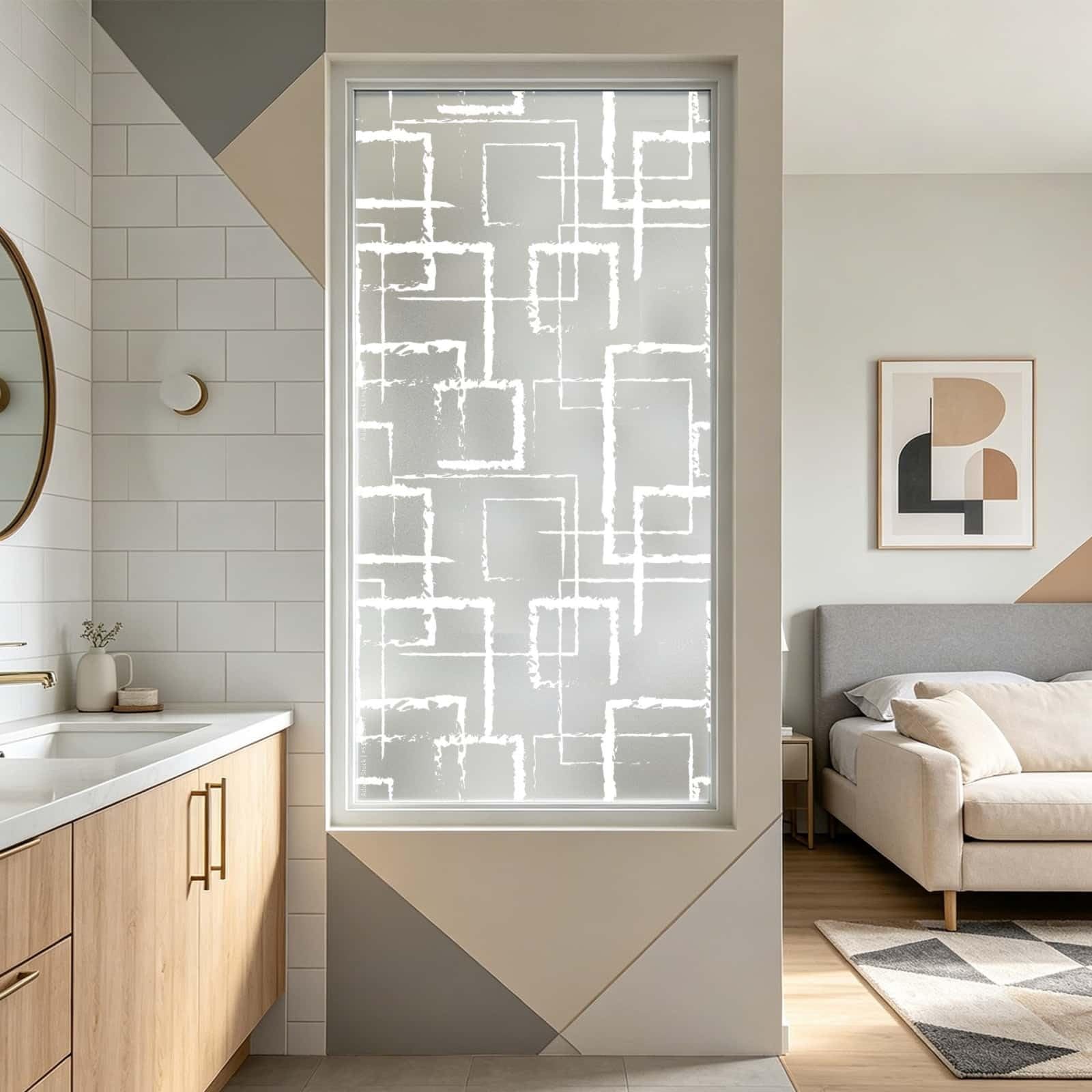 Privacy Film for Glass Windows 43x200cm White Lines Stained Glass Window Film Non Adhesive Reusable Waterproof PVC Opaque Window Stickers for Bathroom Office Decoration