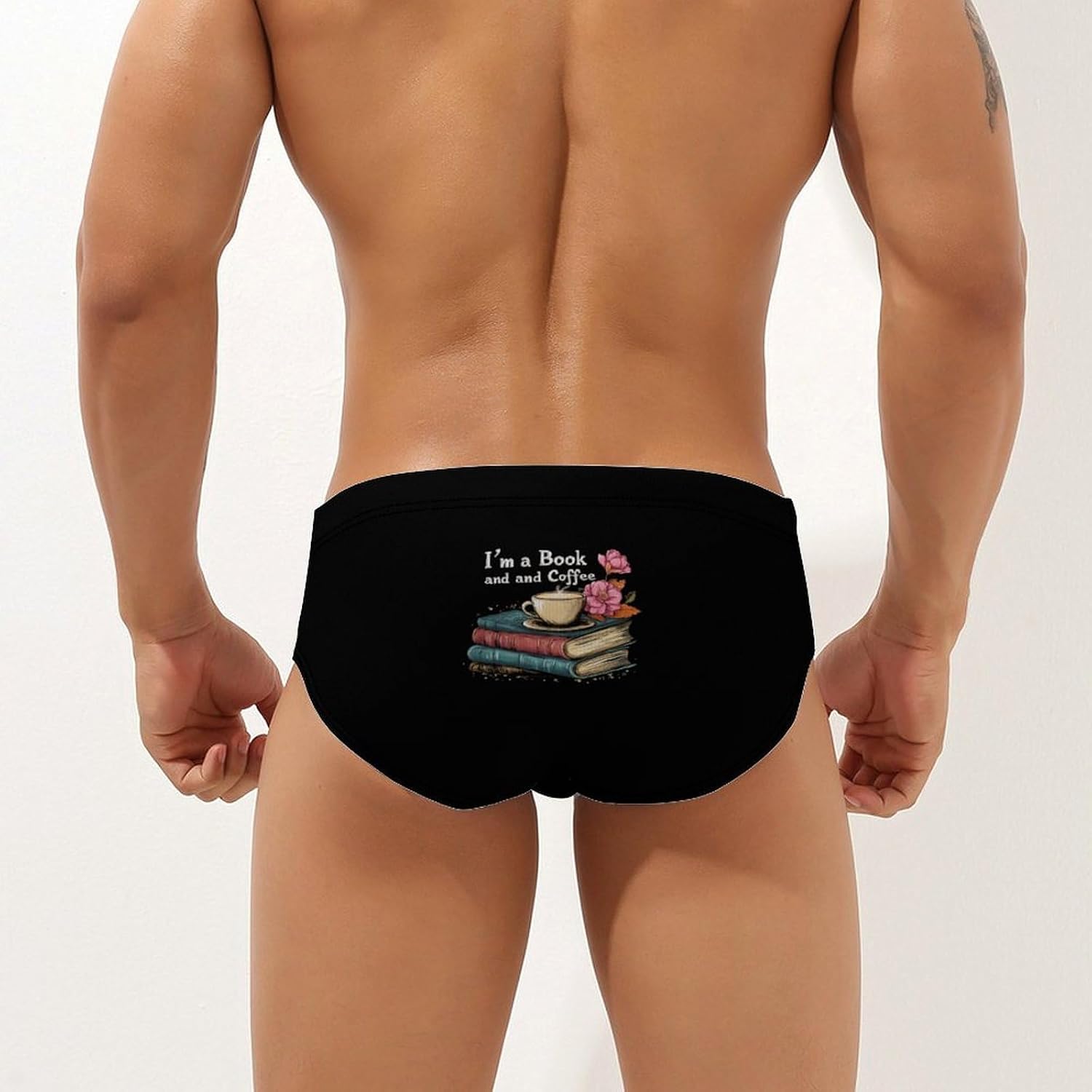 Book Coffee Print Mens Swim Trunks Swimwear Briefs Low Waist Swimsuit for Beach Sports