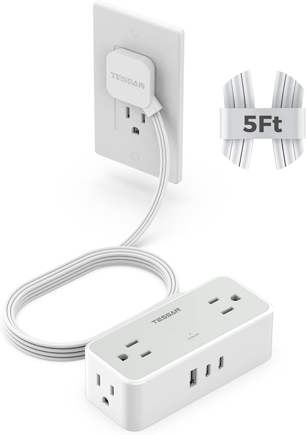 Flat Plug Extension Cord 5 FT, TESSAN Surge Protector Power Strip with 4 AC Outlets 3 USB Ports(2 USB C), 900 Joules Protection, Suitable for Home Office Dorm, Desk Organizers and Accessories Gray 5 FT (2 USB-C)