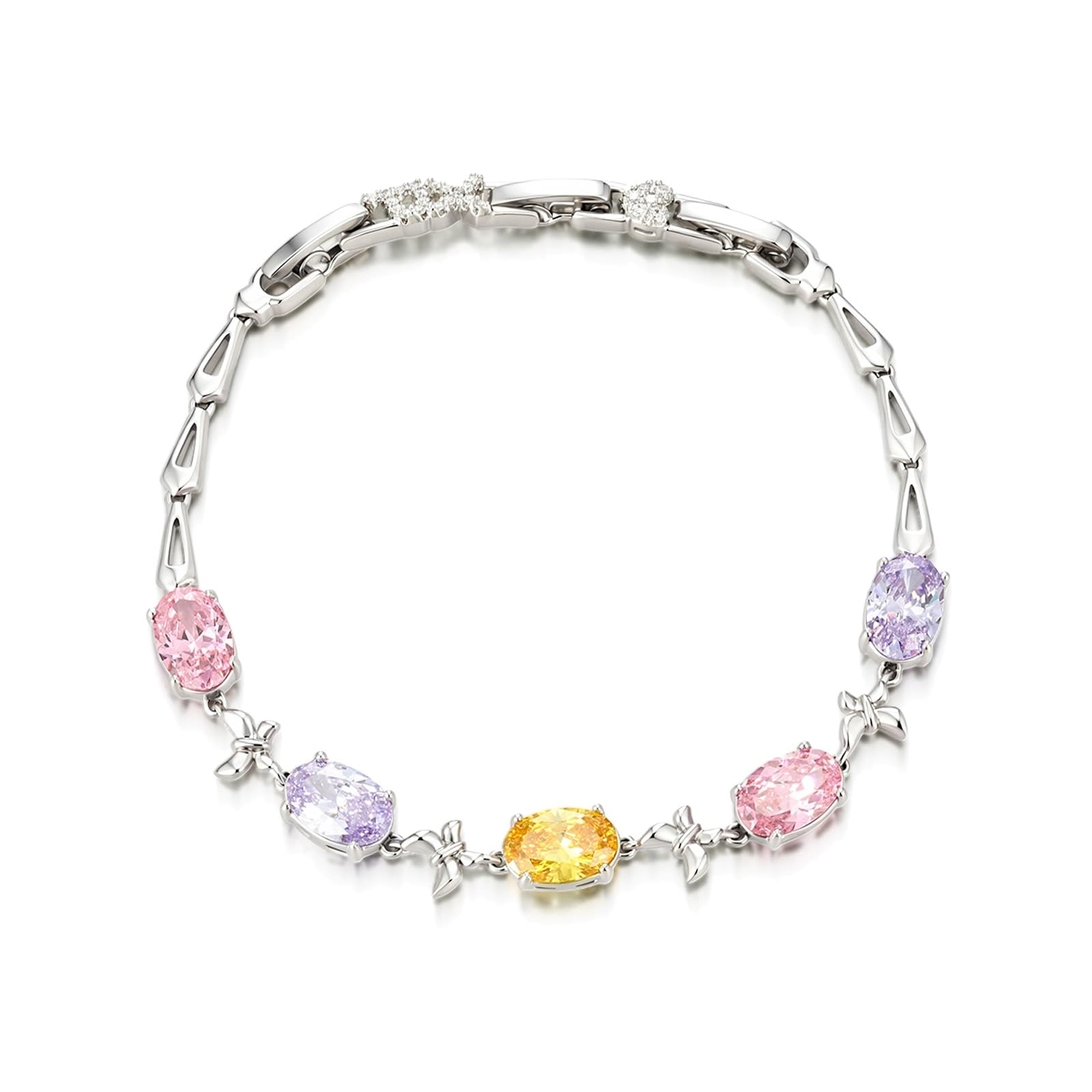 Pulsera de oro blanco de 9 quilates con amatista ovalada lila, mariposa Au375, 19 cm