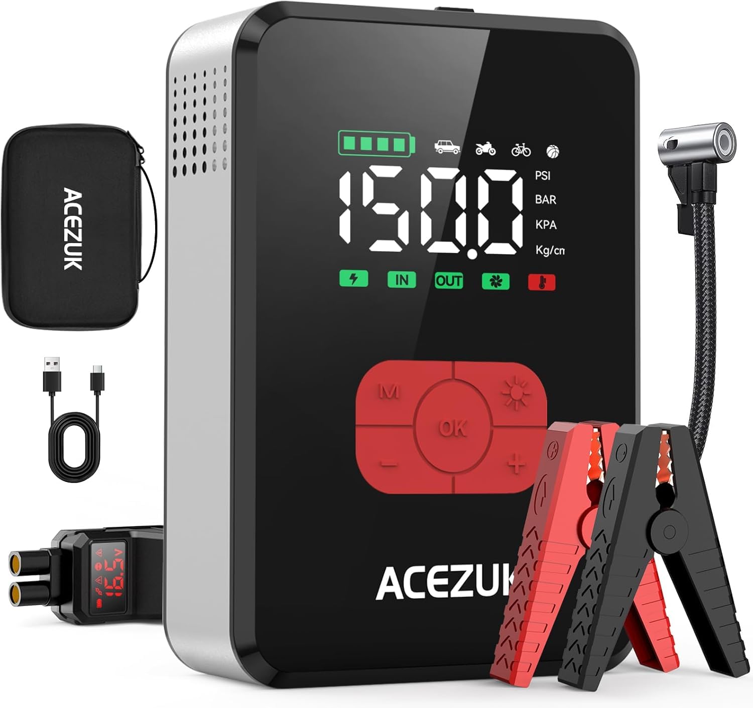 ACEZUK 7000A Car Battery Starter with 150PSI Air Compressor, Portable Car Jump Starter with Pump (All Gas or 12.0L Diesel), 12V Jump Starter, Large LCD Screen, 600 Lumens LED