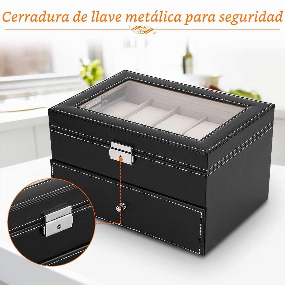 Caja Organizador para 20 Relojes de Piel Sintética con Forro Interior Terciopelo Tamaño 28 3 x 20 3 x 16 6 cm